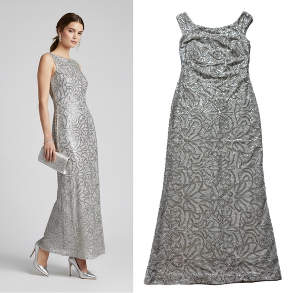 Ralph Lauren Dresses & Skirts - Lauren Ralph Lauren Silver Cream Sequin Full Length Gown Maxi Dress 10 Festive